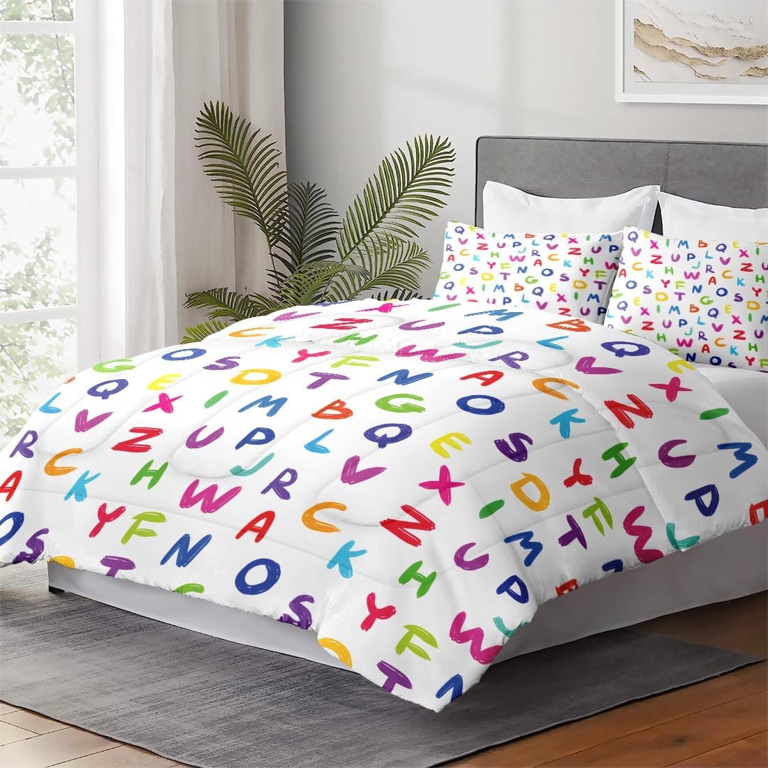 WeCozy Full Size Comforter Set with 2 Pillowcases, Colorful Multicolored English Alphabet Kids Soft 3 Pcs Bedding for Kids and Adults Bedroom Bed Decor