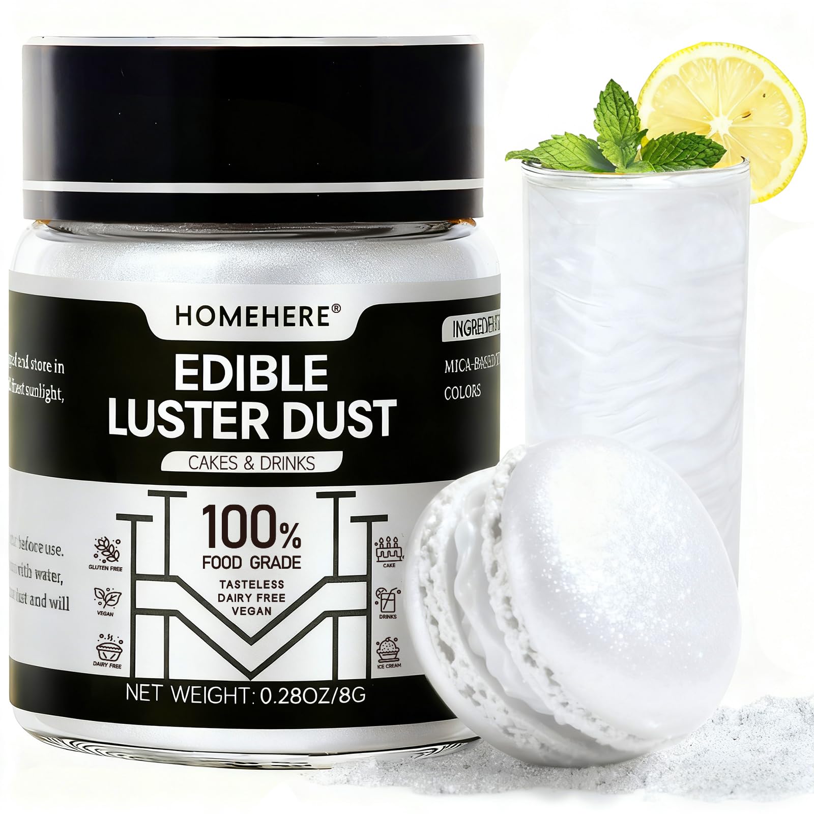 HomeHere Edible Luster Dust Food-Grade Glimmer Powder Glitter for Cake Decorating 8g, Edible Sprinkle Glitter for Cocktails Drinks Baking Candy Dessert Chocolate Vegan Tasteless