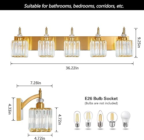 Miniatura 4 de Luces de tocador de cristal de 5 luces, color dorado, modernas lámparas de baño sobre espejo
