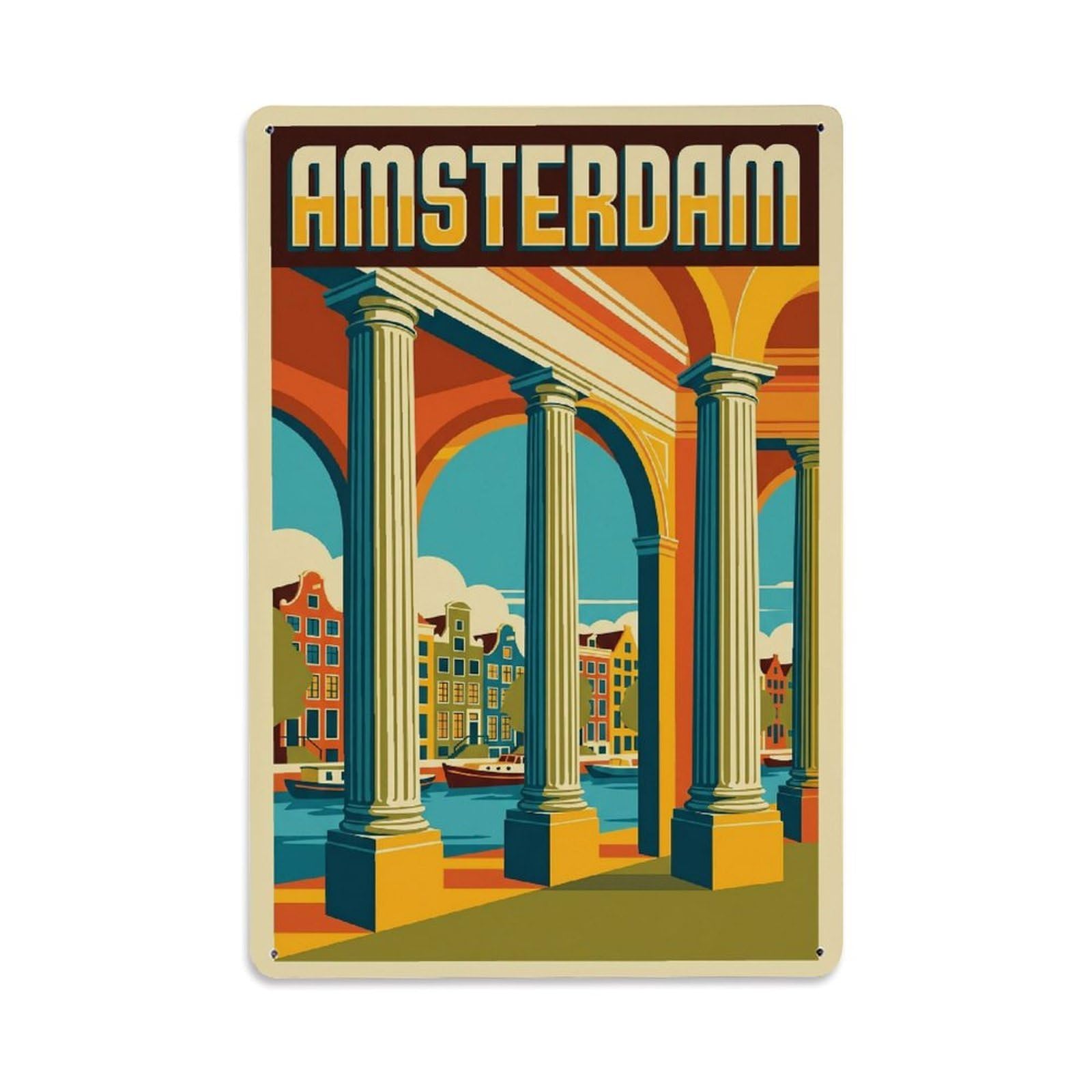 Okngb Style Amsterdam Colonnade Landmark Classic Travel Historic Metal Tin Sign Plaque Wall Decor For Cafe, Man Cave, Club Bar, Office, Home Garden Round Metal Poster 8X12inch