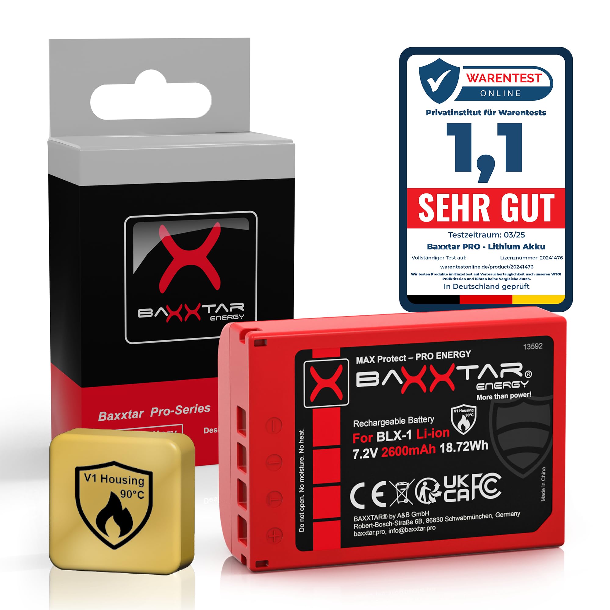 Baxxtar MaxProtect Batterie pour Olympus BLX-1 BLX1 OM1 OM3, 2600mAh 7.2V