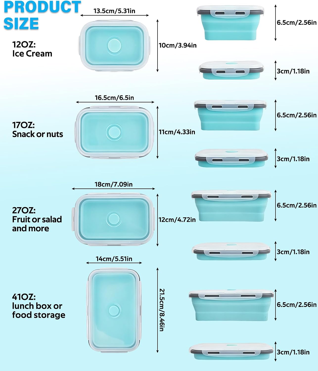 Decorwell 4 Collapsible Food Storage Containers, 12/17/27/40 oz Food-Grade Silicone Set, Leakproof Food Containers for Kitchen Office Camping Picnic, Blue