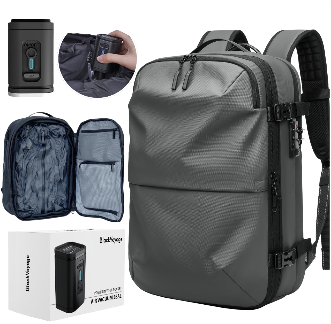 BlackVoyageVacuum Seal Compression Travel Backpack 60L Expandable Airback Electric Vacpack Pump Water Resistant TSA Lock
