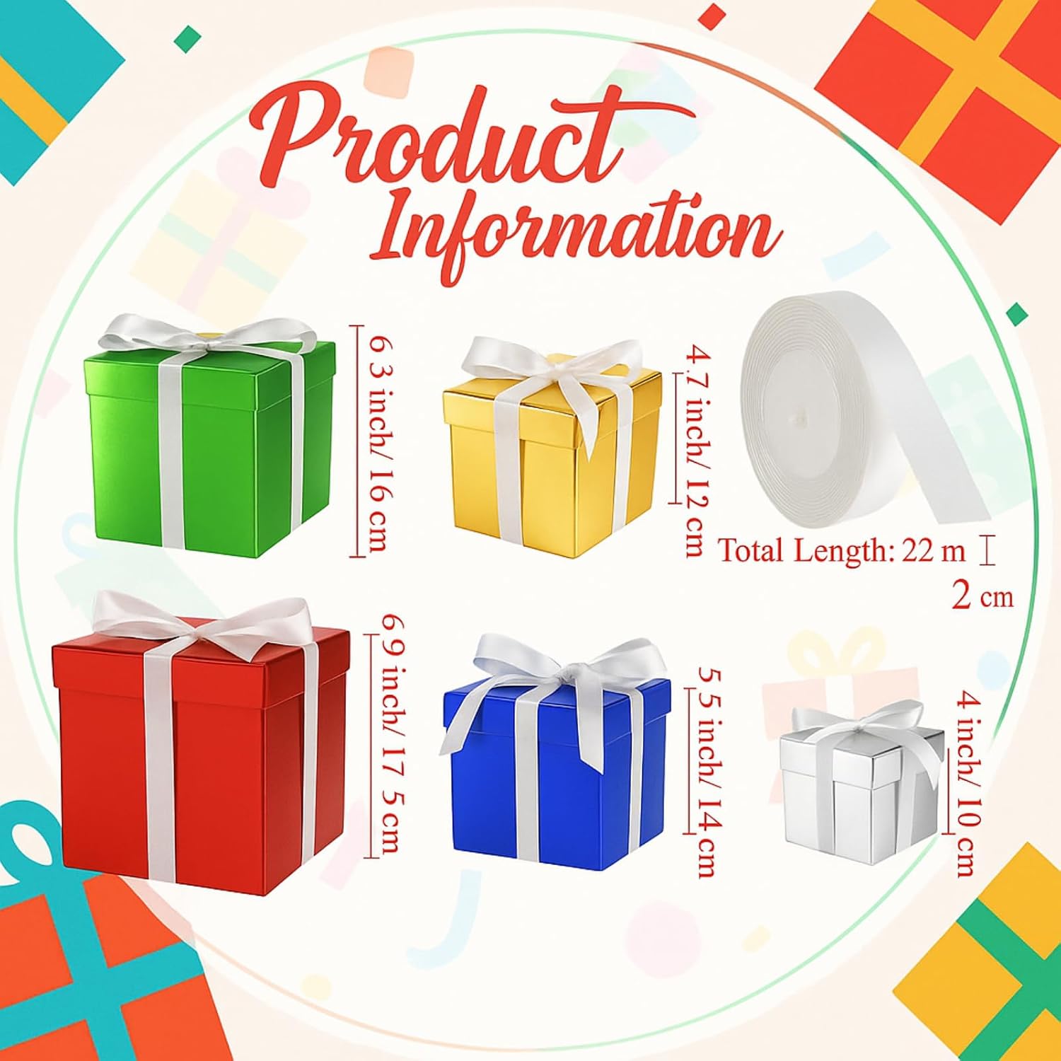 Cholemy 5 Pcs Square Nesting Boxes Decorative Gift Boxes with Lid and Ribbon Assorted Sizes Wrap for Wedding, Carnival, Anniversary, Birthday, Bridal Shower Party Gifts(5 Color)