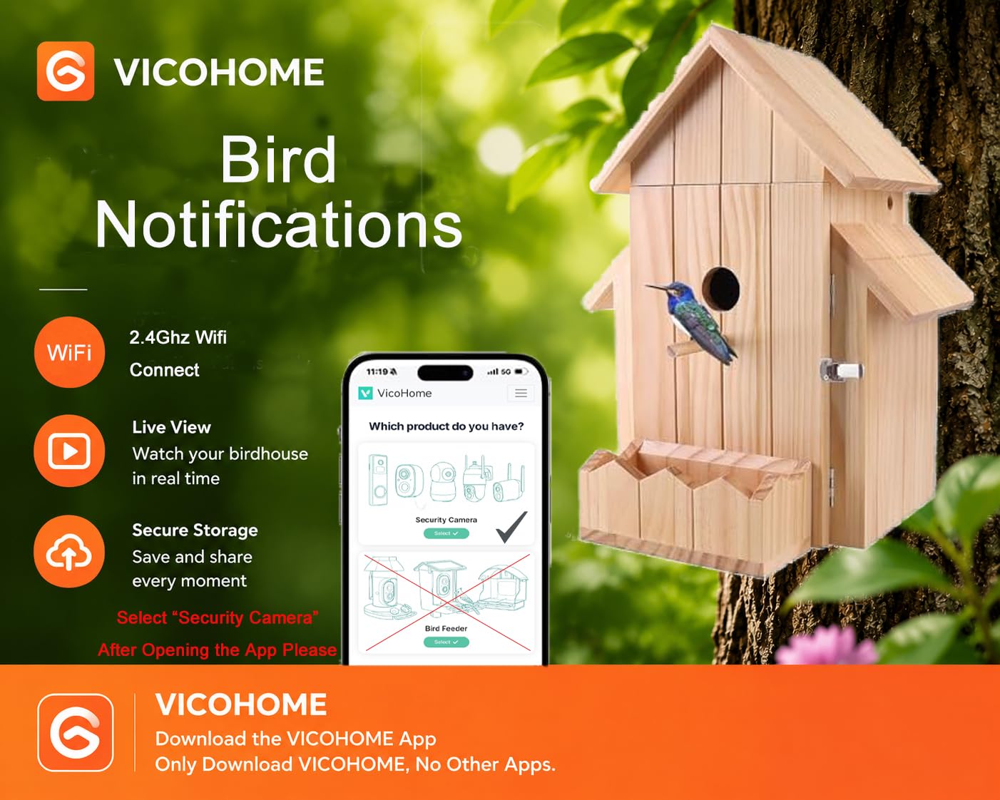 Smart Vogelhaus mit Kamera, 1080p HD WiFi Outdoor Vogelbox Features Auto Capture Vogelvideo & Bewegungserkennung, Nachtsicht, App-Benachrichtigungen und dient als Vogel-Nistkasten (Natur, Normal)