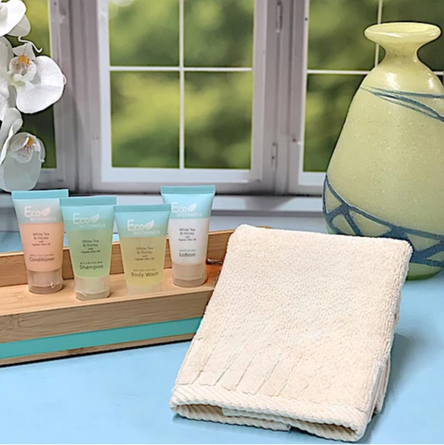 Eco Botanics 0.85 oz. Toiletries Set | 1-Shoppe All-In-Kit Amenities For Hotels, | Hotel Shampoo & Conditioner, Body Wash, Body Lotion | 80 Piece Travel Set