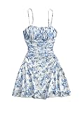 Women's Floral Print Ruched Cami Dress Spaghetti Strap Ruffle Hem Mesh Mini Dress