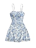 Women&apos;s Floral Print Ruched Cami Dress Spaghetti Strap Ruffle Hem Mesh Mini Dress