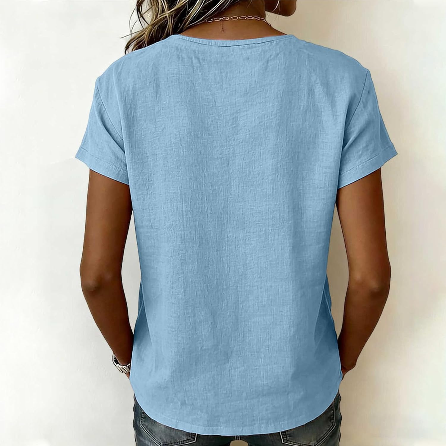 Cotton Linen Shirts for Women Short Sleeve Boho Peasant Tops Fashion Dressy Cut V Neck Lace Blouses Flowy Gauze Tunics