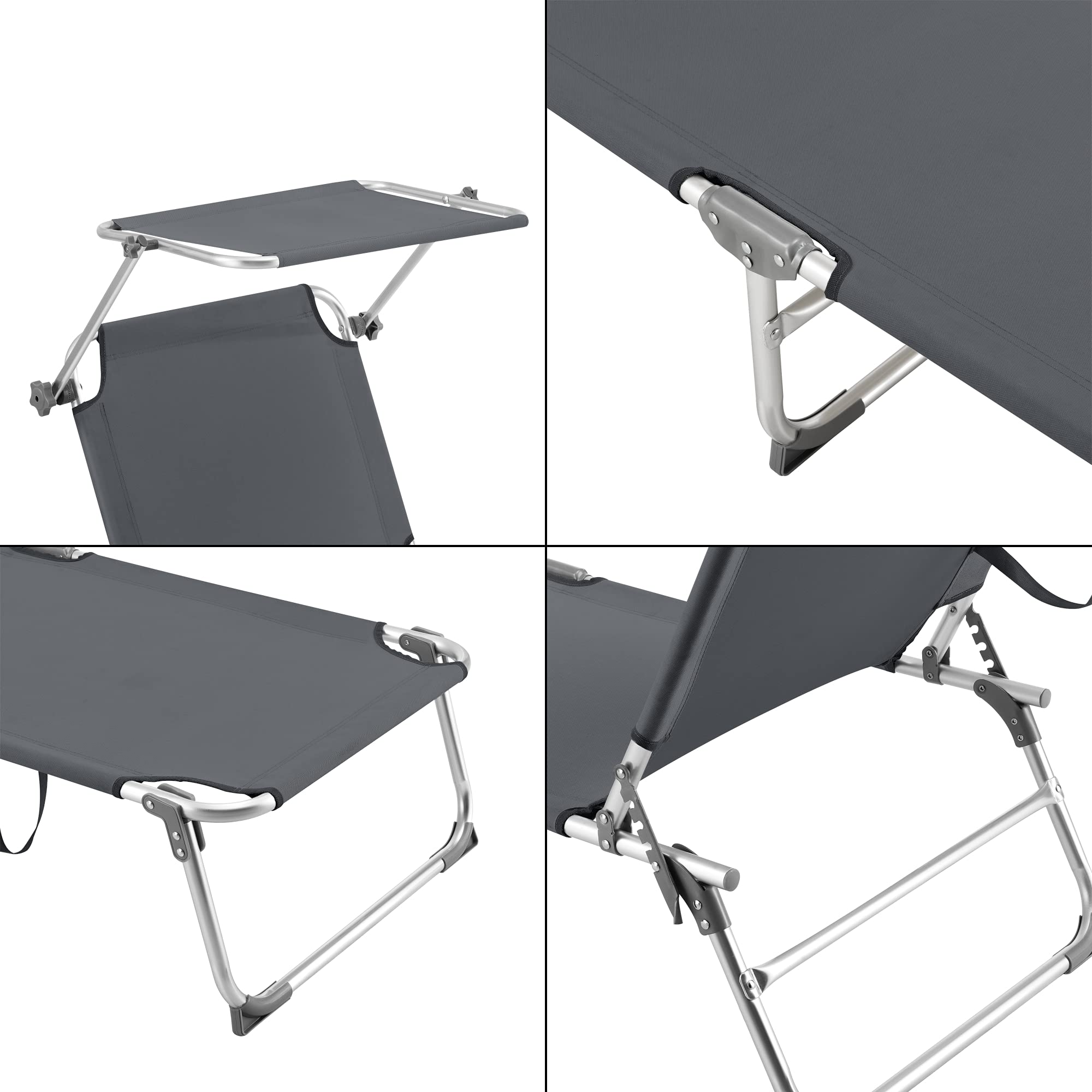 [en.casa] Sonnenliege mit Dach Legorreta Liegestuhl klappbar Strandliege Aluminiumgestell bis 115 kg Gartenliege mit Rückenlehne verstellbar Dunkelgrau