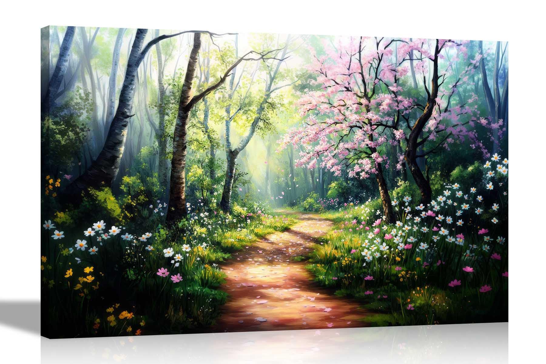 Artley Prints Spring Forest Path - Forest Path Blossoming Flowers Canvas Prints Art For Living Room Conservatory Hallway Modern Wall Decor 40 X 30Cm (16 X 12 Inches) A3