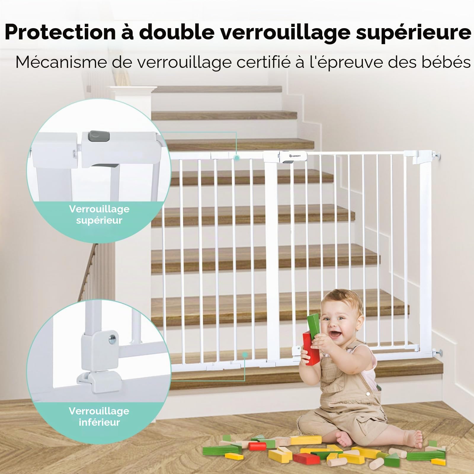 COMOMY Barriere de Securite Enfant Super Haute, 75-124cm Barriere Chien Escalier, sans Percage, Extensible, Fermeture Automatique, Monté sous Pression, Parfait pour Les Escaliers, Portes et Couloirs