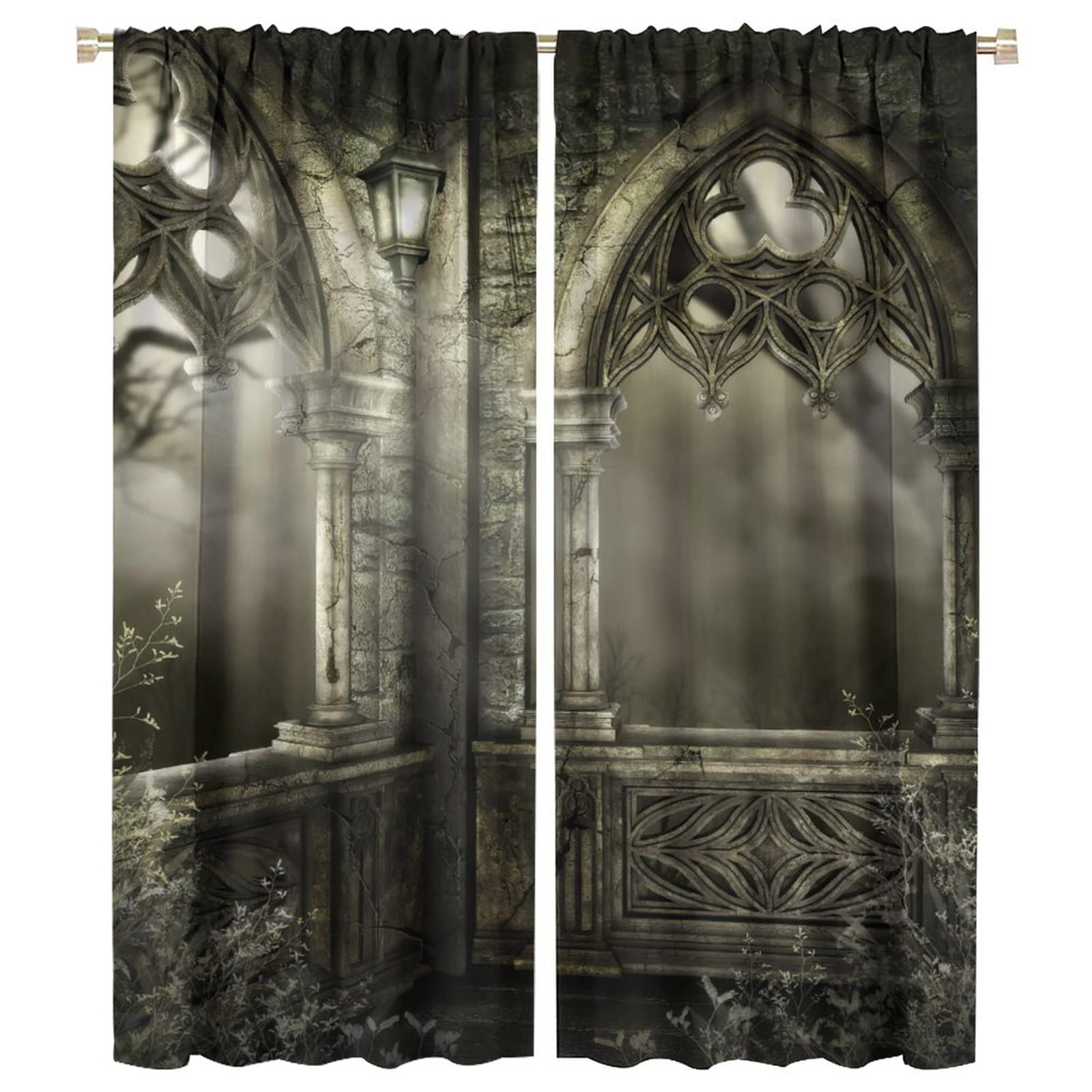 Gothic Arch Curtains, Romantic Castle Mid-Century Style Room Darkening Window Rod Pocket Curtain for Living Room Bedroom Bathroom W42xL54in