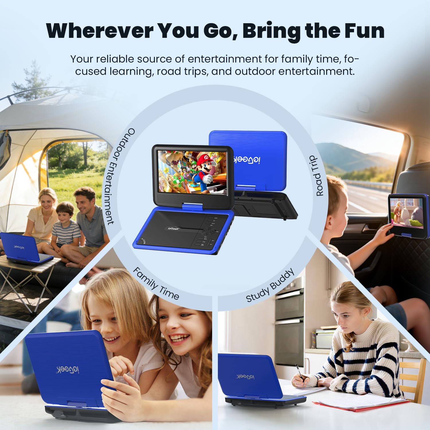 ieGeek Lettore DVD portatile da 11,5 pollici con batteria 5 ore, scheda SD, ingresso USB e uscita AV, schermo girevole a 360°, funzione di ripresa, indipendentemente dalla regione