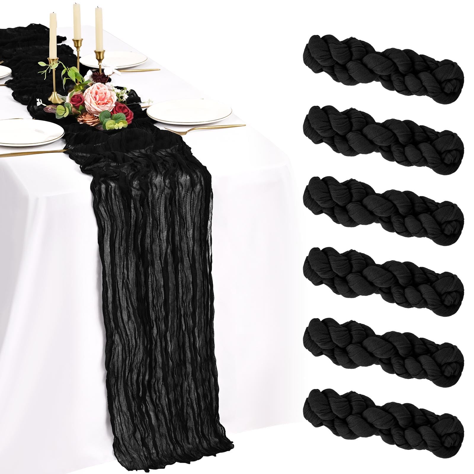Showgeous 6 Pack Black Cheesecloth Table Runner,21x120 Inch