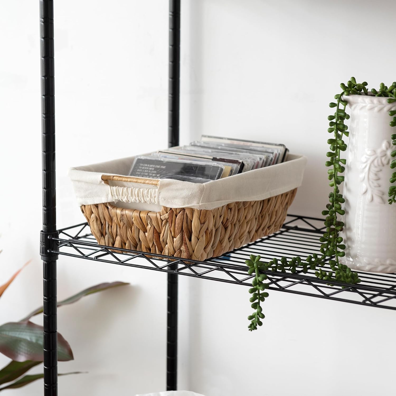 Wicker Storage Baskets with Liners, Water Hyacinth Storage Baskets with Built-in Handles Handwoven Shelf Baskets Storage Boxes Organizers for Clothes/Dresser/Bathroom/Shelves/Towels, 2 Pack