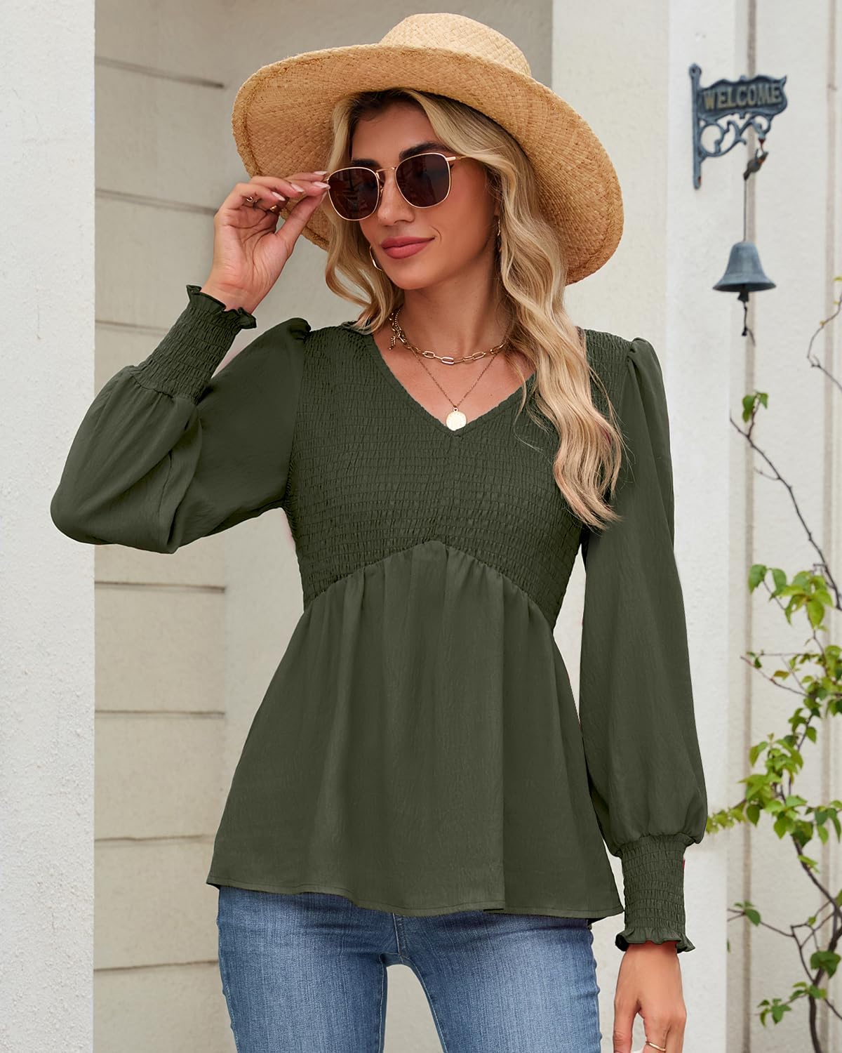 HEYTALALA Womens Long Sleeve Shirts V Neck Peplum Tops Dressy Casual Smocked Babydoll Blouses 2025 Fall Trendy Outfits - Image 5