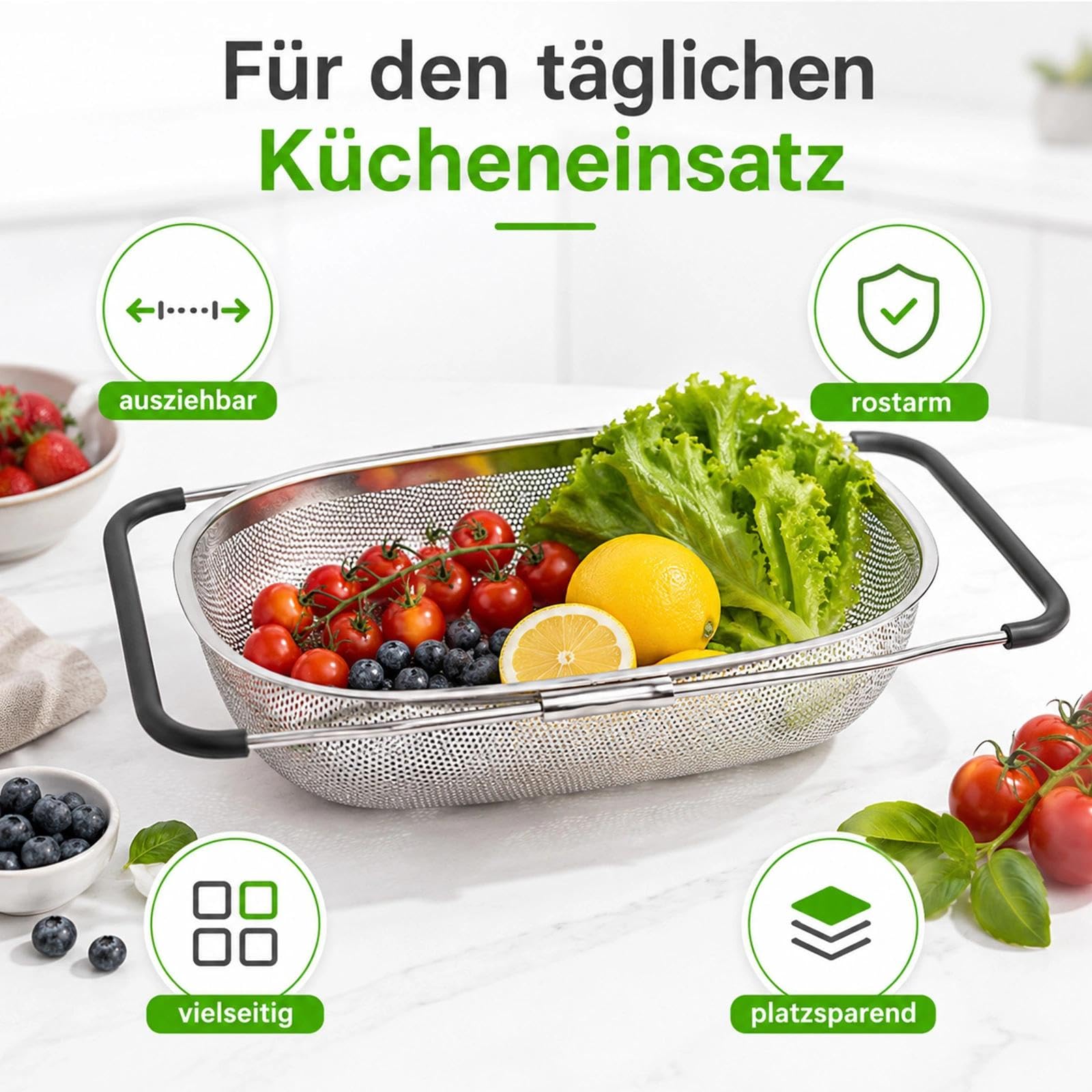 Colador de cocina extensible 27 x 18 x 11,5 cm (27 x 18 x 11,5 cm), colador de acero inoxidable para escurrir, lavar frutas y verduras