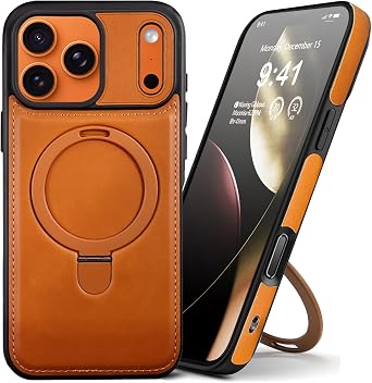 for iPhone 17 Pro Max Leather Case with Magnetic Ring Holder,[Compatible with Wireless Charging] Luxury Slim Shockproof Non-Slip Protective Kickstand Cover for iPhone 17 Pro Max Brown
