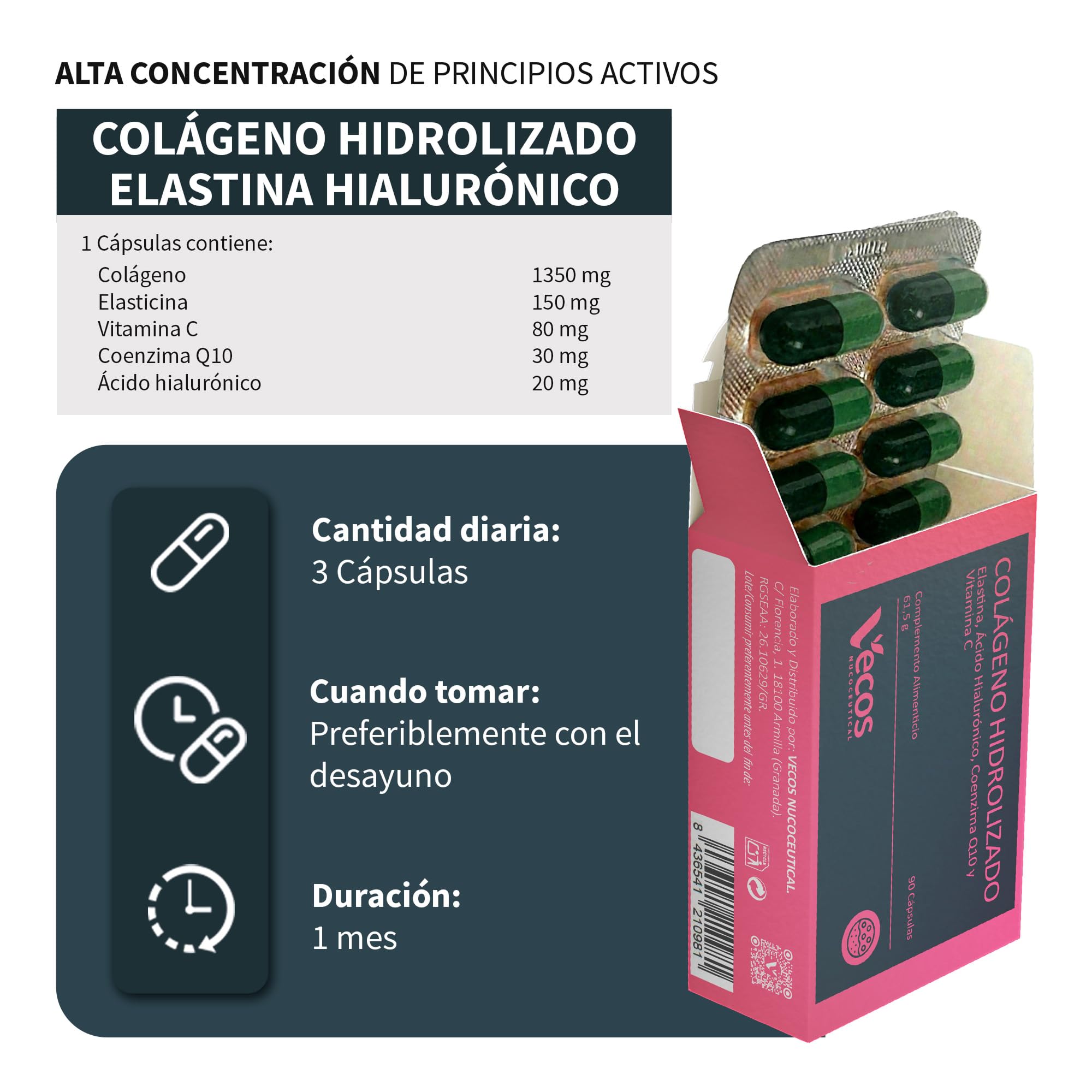 Colágeno Hidrolizado para la Buena Salud e Hidratación de la Piel | Elastina, Ácido Hialurónico, Coenzima Q10 y Vitamina C para Mejorar la Elasticidad de la Piel | 90 Cápsulas Vegetales