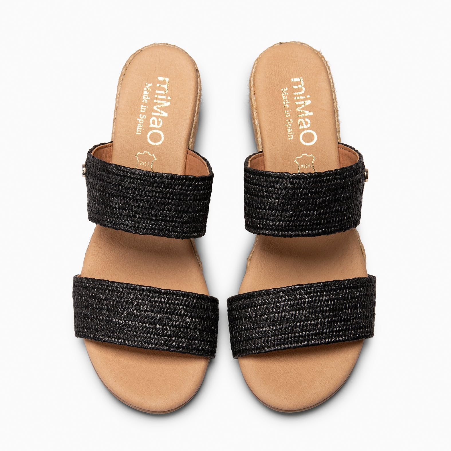 miMaO. Mules à talon compensé de type espadrilles. Fabrication artisanale
