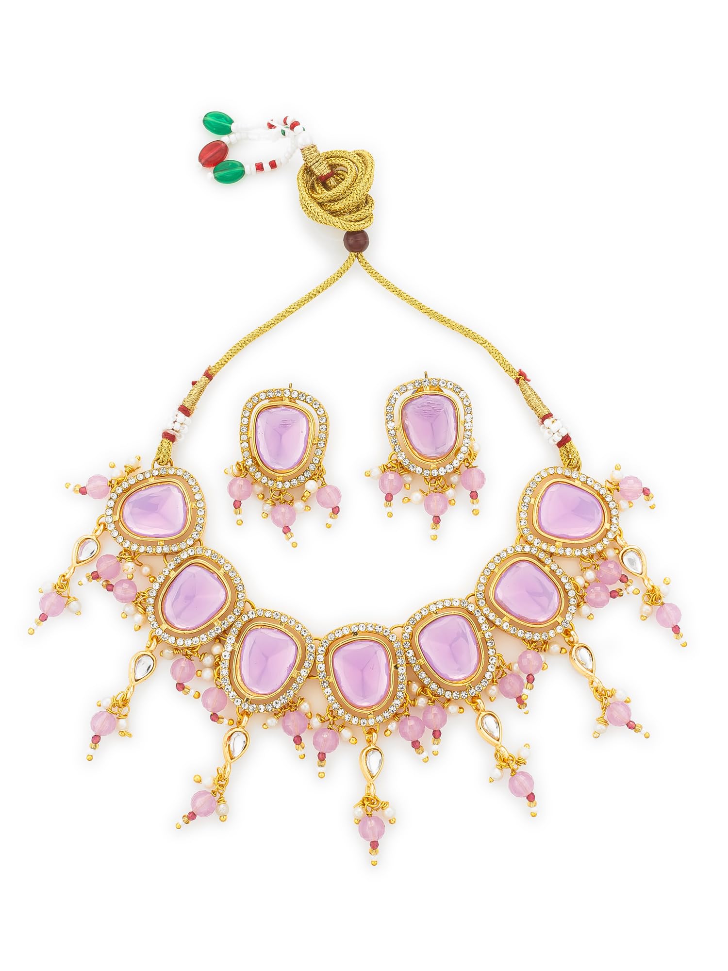 Elegant Pink Stone Choker Necklace Set for Women | Gold Plated Brass Designer Choker Jewellery with Crystal Border & Bead Drops | Latest Trendy Ethnic Jewellery | Festive Gift & Wedding Gift Choice (NK4900)-image-44