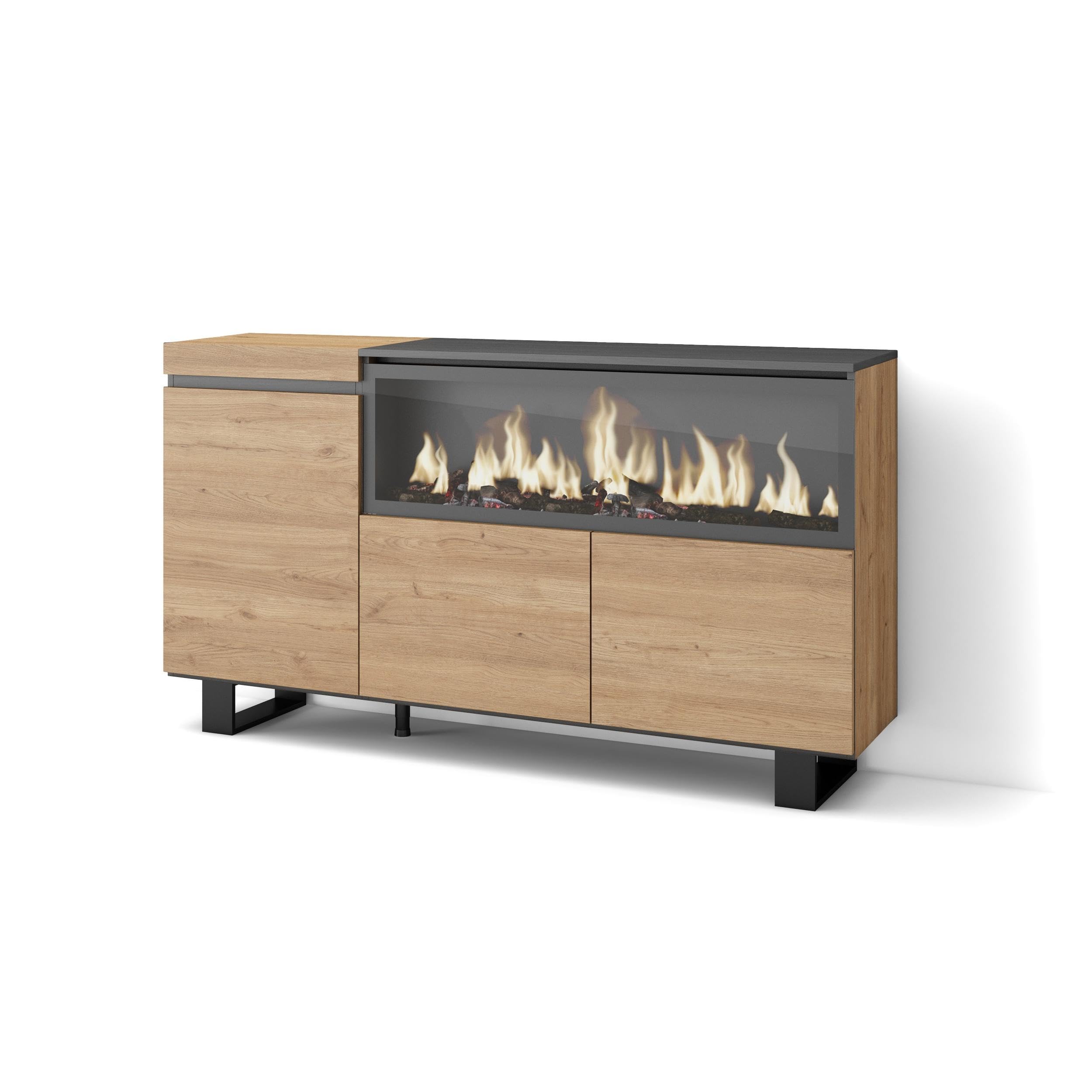 Skraut Home | Aparadores para salón | Gran Capacidad de almacenaje | 160 | 3 Puertas | Chimenea eléctrica XXL | Diseño Industrial | Estilo Moderno | Roble