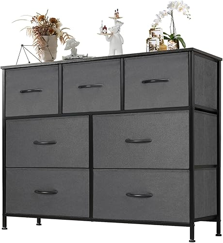 Miniatura 1 de Cómoda para dormitorio, marco de acero y armario superior de madera con juego de almacenamiento de ropa de 7 cofres, organizador de muebles de