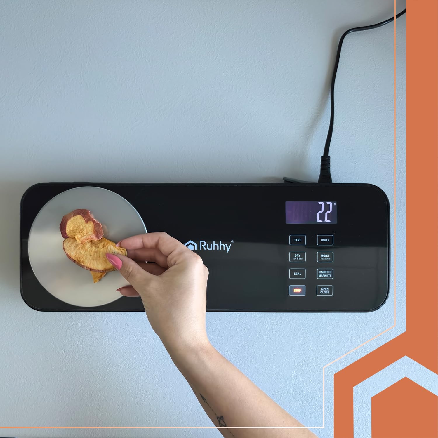 Ruhhy Urządzenie do pakowania próżniowego z wagą 2 w 1 – 80 kPa, podwójna pompa 9 l/min, 120 W, szerokość spawania 30 cm, zintegrowany nożyk przesuwny, 6 trybów (Dry/Moist/Moist+, Pulse, Vac&Seal