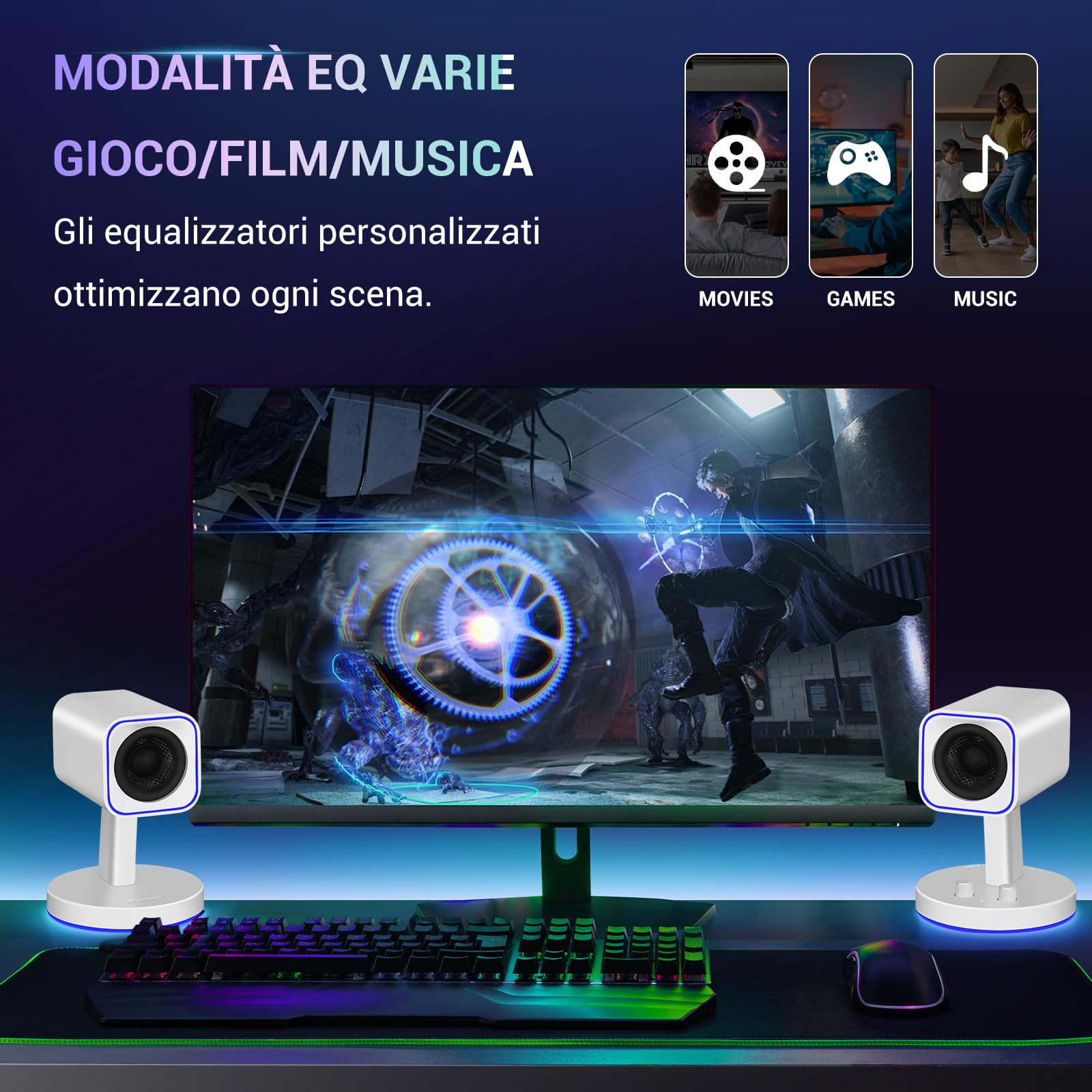 Sanyun SW202 Casse PC 2.0 24 W, Stereo Chiaro DSP, 3 Modalità | Gaming/Film/Musica, DAC 16 bit, USB/Bluetooth 5.2/AUX, Altoparlanti Full-Range 5,7 cm, RGB, Design Compatto (Coppia, Bianco)