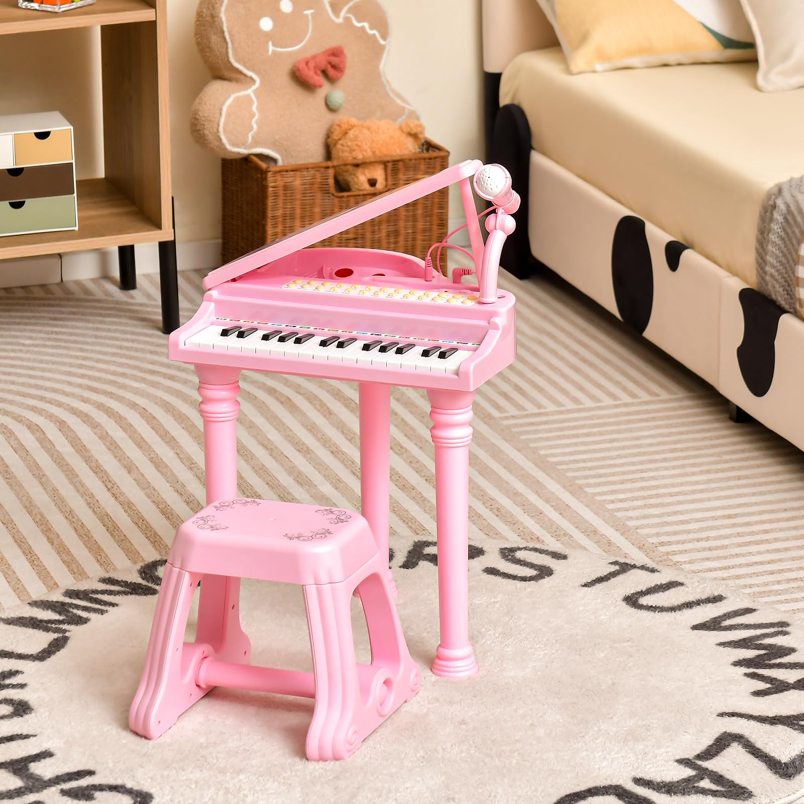 GOPLUS 31 Tasten Kinder Keyboard mit Hocker, Klaviertastatur mit Mikrofon, LED-Licht & MP3-Schnittstelle, E-Piano mit 3 Lehrmodi, 22 Demos, 4 Rhythmen, Aufnahme & Wiedergabe für Kinder (Rosa)