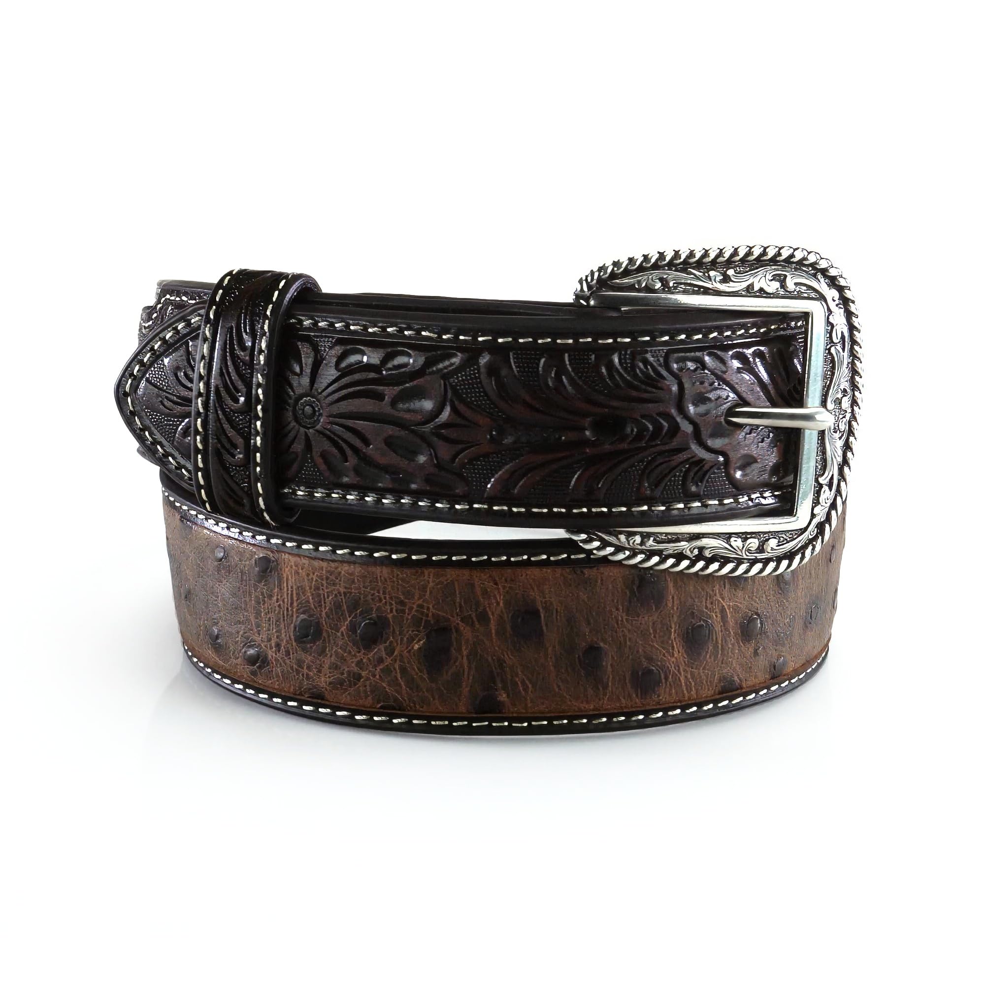 ARIAT Men's Ostrich-Print Belt, Floral Tooled Tabs, Silver Buckle with Rope Edge, Brown, 36