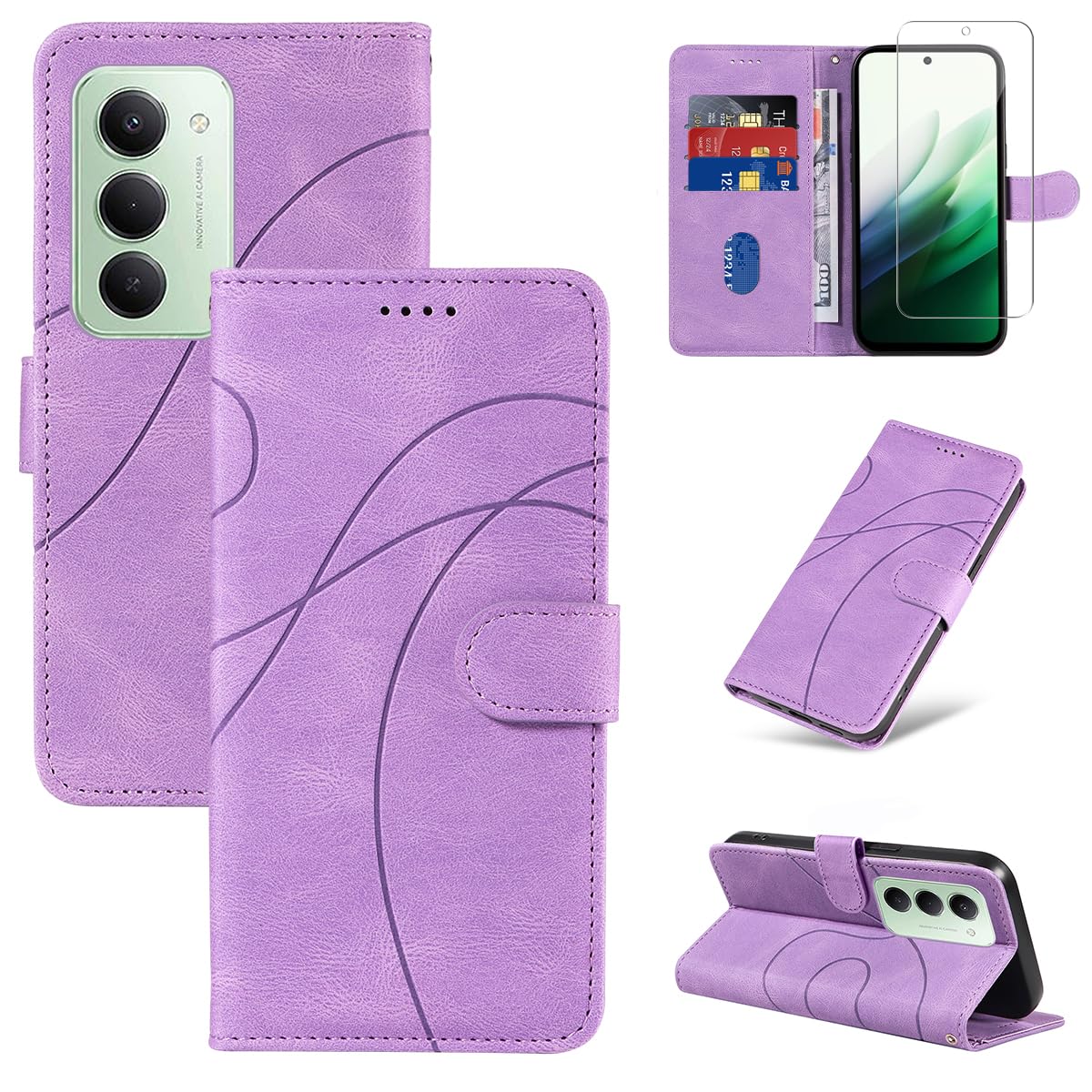 Cover Compatibile con Xiaomi Redmi 15 4G / 5G EU Versione (Non per Global Versione) con 1 Pezzo Vetro Temperato Pellicola Protettiva, Pelle PU e Flip Custodia, Supporto Caso (Viola)