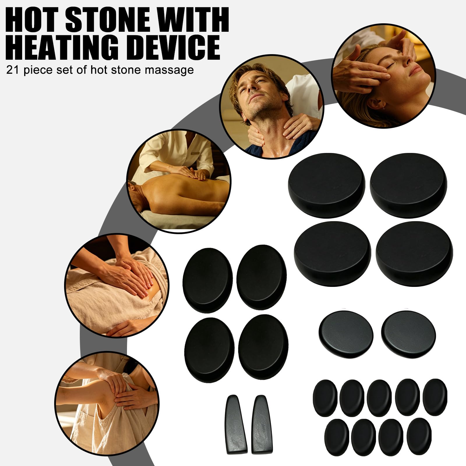 Hot Stone - Juego de 21 piedras de masaje de basalto en maletín térmico, portátil, piedras de masaje calientes de basalto, set de calentadores de piedras de masaje para terapia de masaje, relajación y