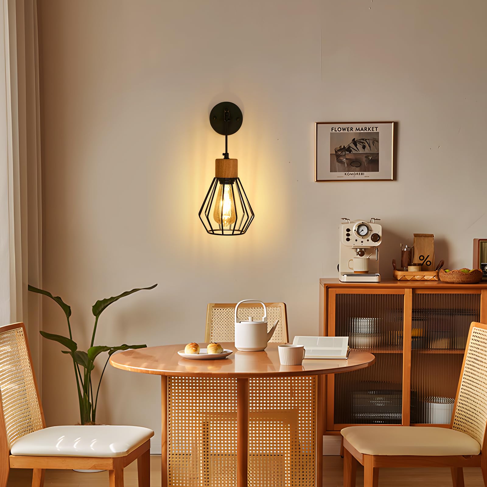 Mckalen Lampada da Parete Interno Vintage E27, Applique da Parete Legno e Metallo, Lampada da Muro Ferro Paralume Gabbia, Nero Applique Scale Industriale per Camera da Letto Soggiorno Corridoio