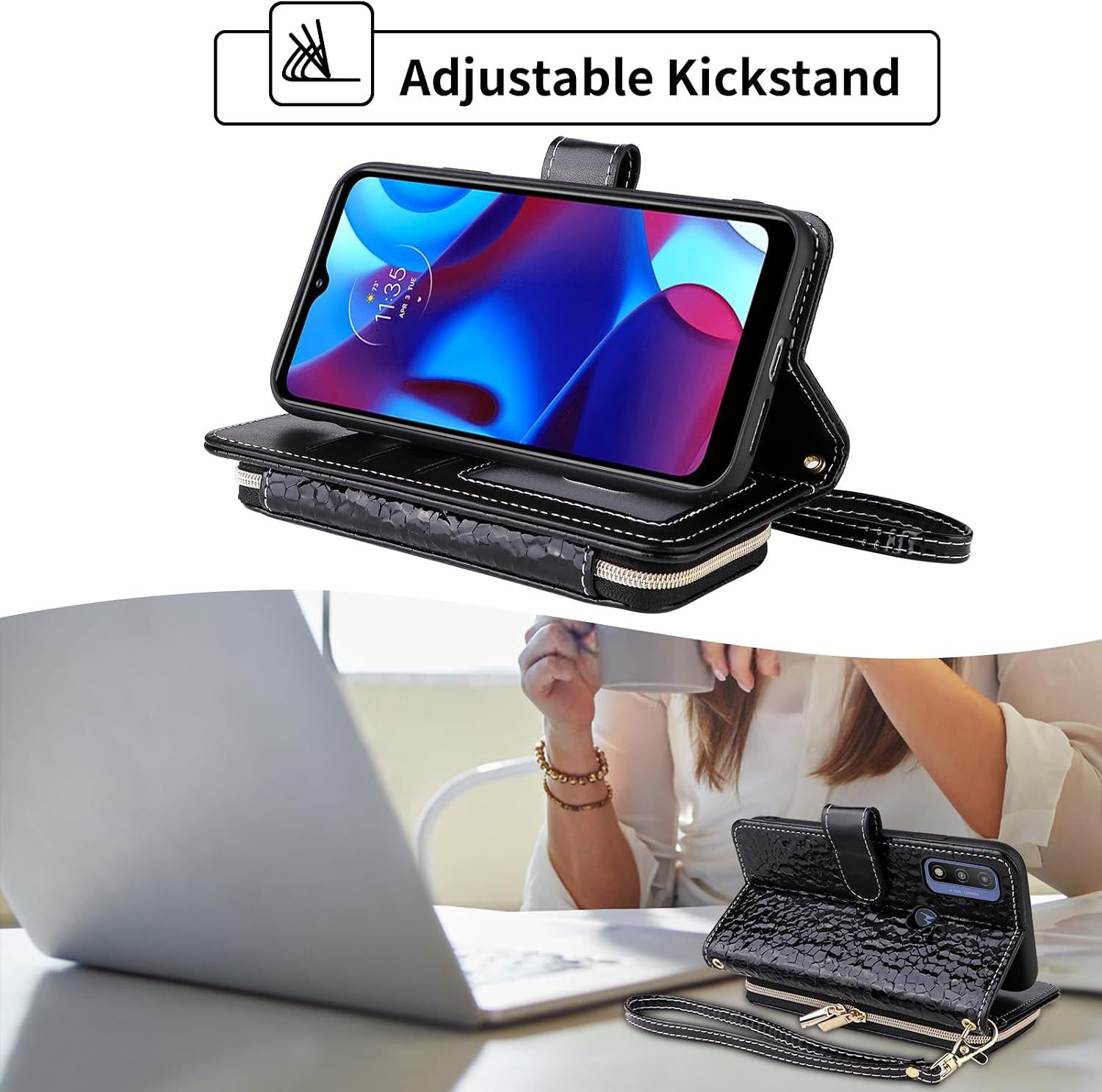Argyle Wallet Case for Motorola Moto G Pure 2021 with Crossbody/Wrist Strap Luxury PU Leather Kickstand Zipper Purse Shockproof Cell Phone Cover for MotoGPure MotoG GPure XT2163DL 6.5 Black