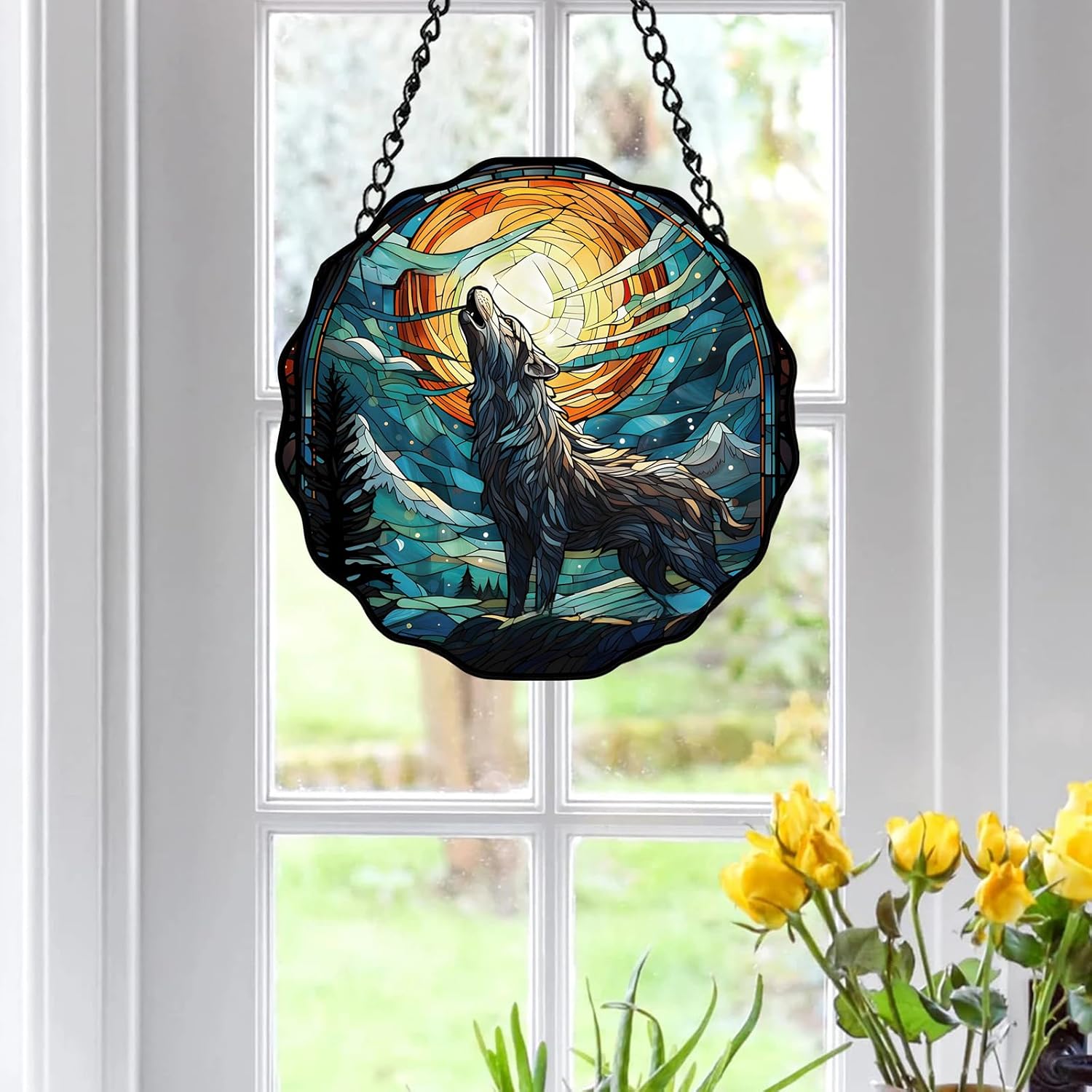 Jungle Wolf Acrylic Window Hanging, Full Moon The Wolf Howls Stained Acrylic Window Decor Hanging Ornaments Indoor Outdoor Garden Stained Art Panel Gift for Women Christmas Thanksgiving - Image 3
