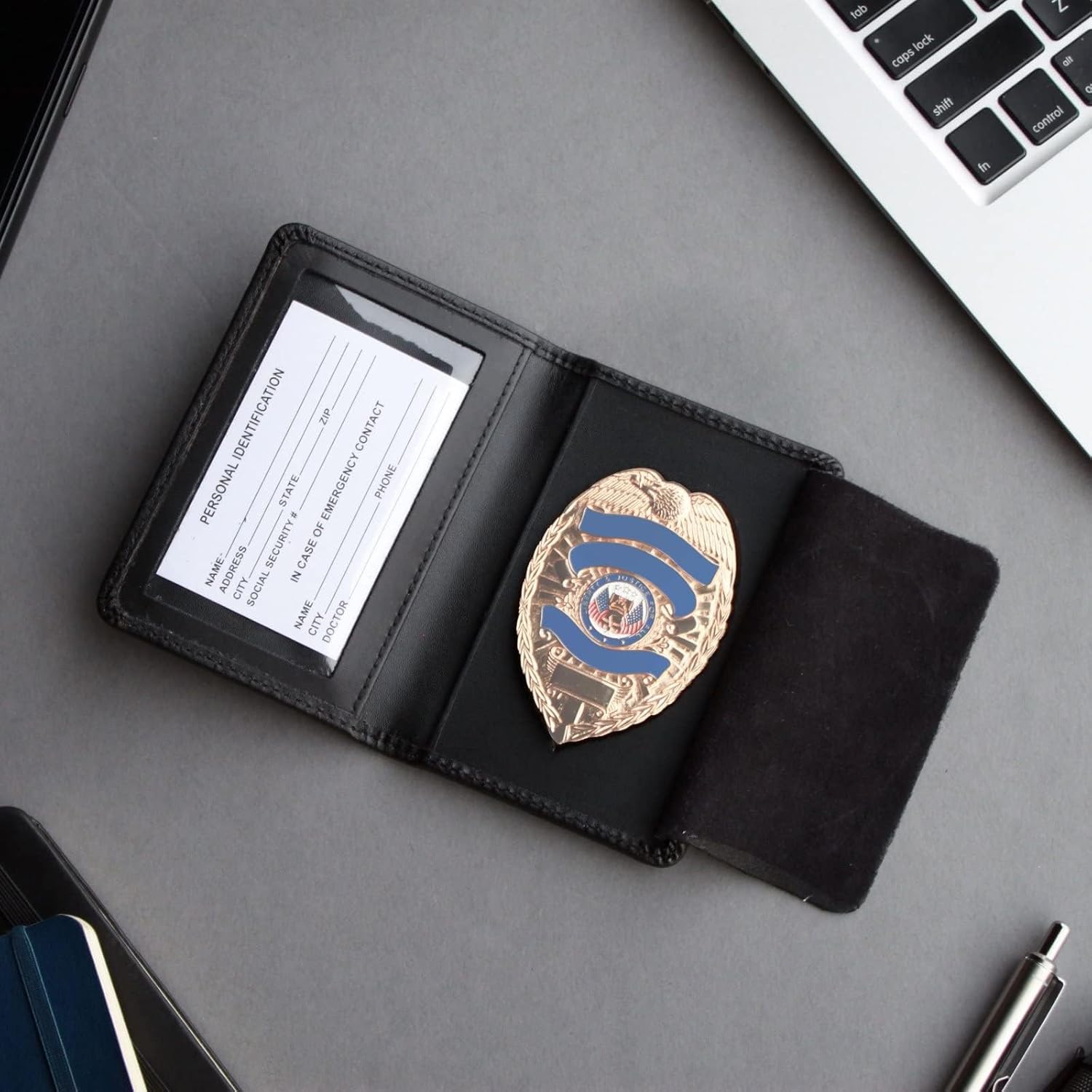 Genuine Leather Unisex Law Enforcement Badge Holder Case - Shield, Basketweave Black