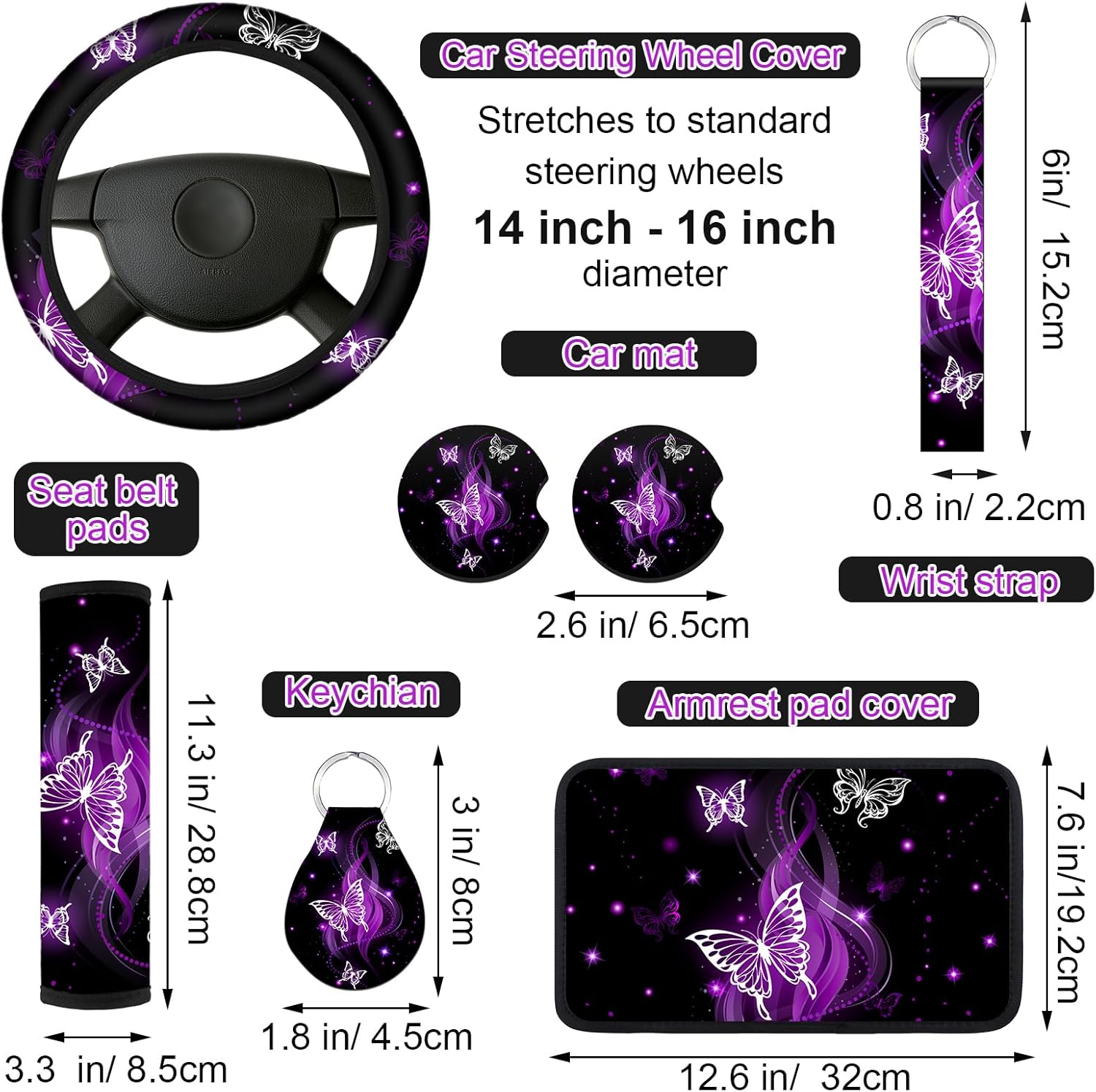 15 Pcs Butterfly Car Seat Covers Full Set Butterfly Front Rear Seat Covers Steering Wheel Cover Wrist Strap Coasters Armrest Shoulder Pads (Purple Glitter Butterfly Style)