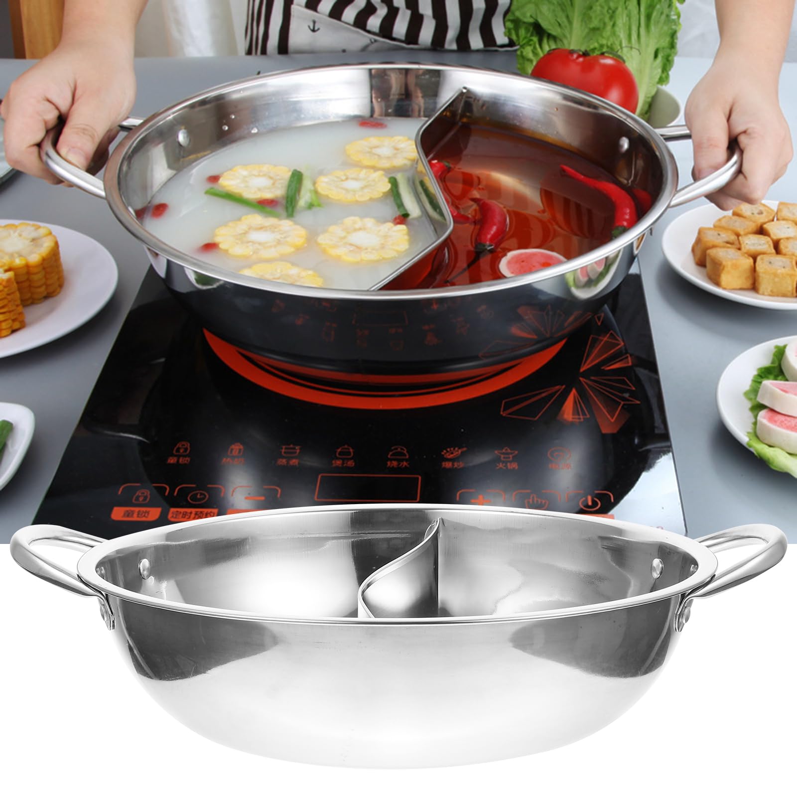 Housoutil Pot De Canard Mandarin Cuiseurs à Fondue Divisés Batterie De Cuisine à Soupe Double Face Poêle De Camping Fondue Chinoise Le Potage Acier Inoxydable Pot De Nouilles 28c Électrique