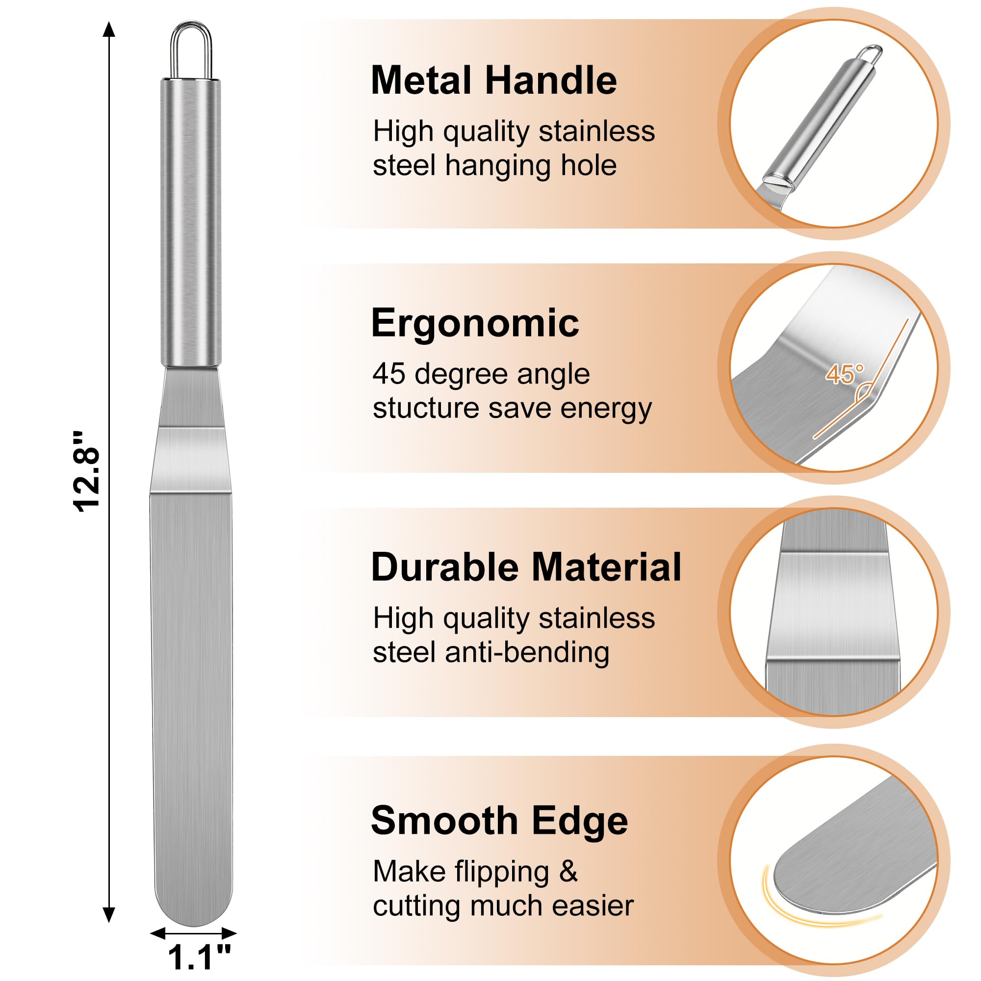 Kit de esparcidor y espátula de crepé, espátula curvada con mango de metal de 12 pulgadas, acero inoxidable de 7 y 5 pulgadas, esparcidores de masa en forma de T, herramienta para panqueques, palitos 2