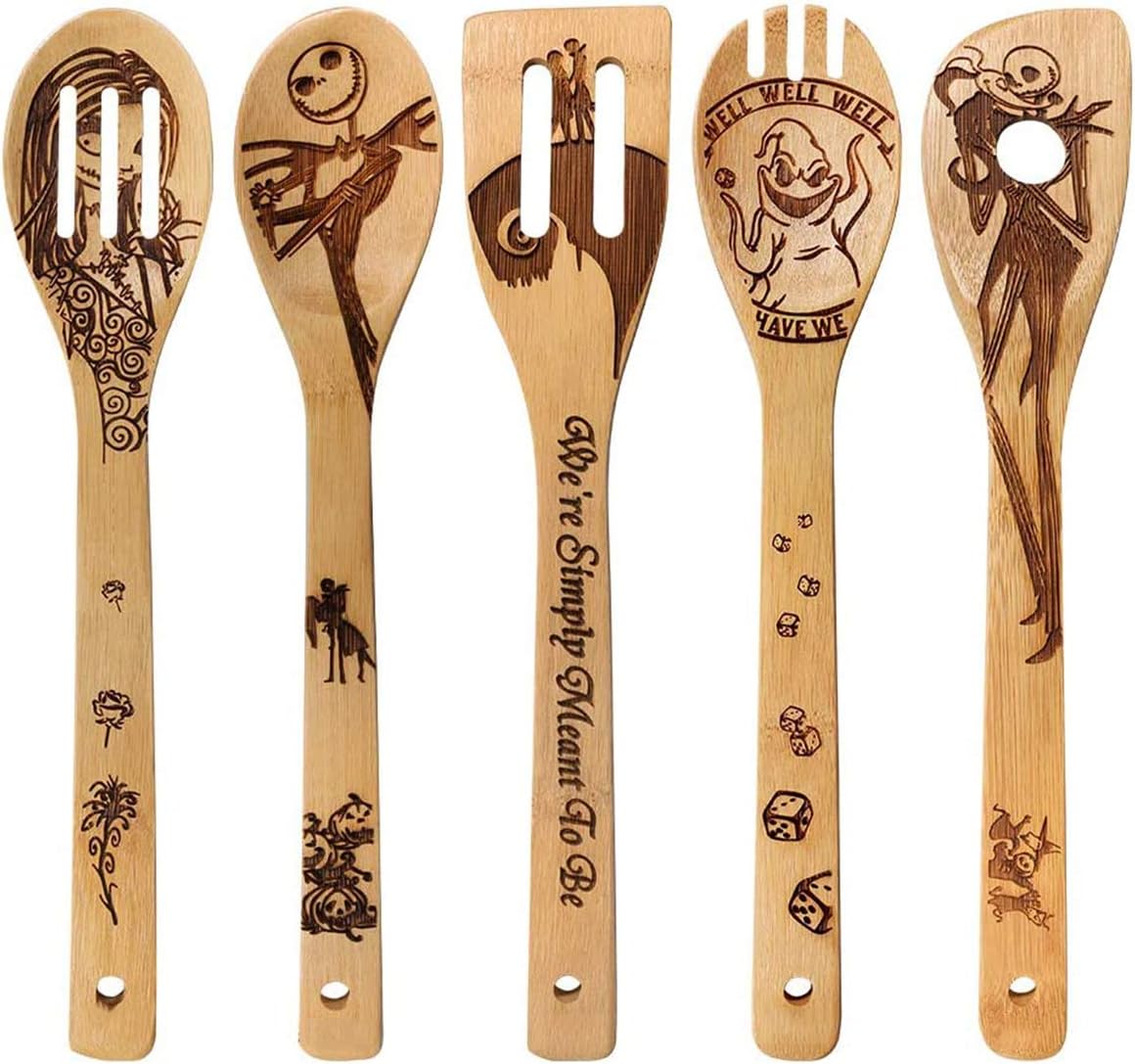 Wooden Spoons Utensil Set, Nightmare Before Christmas Idea Gift Cooking Utensils Set, Non-Stick Cookware Sets Fun Warming Present 5 Pieces
