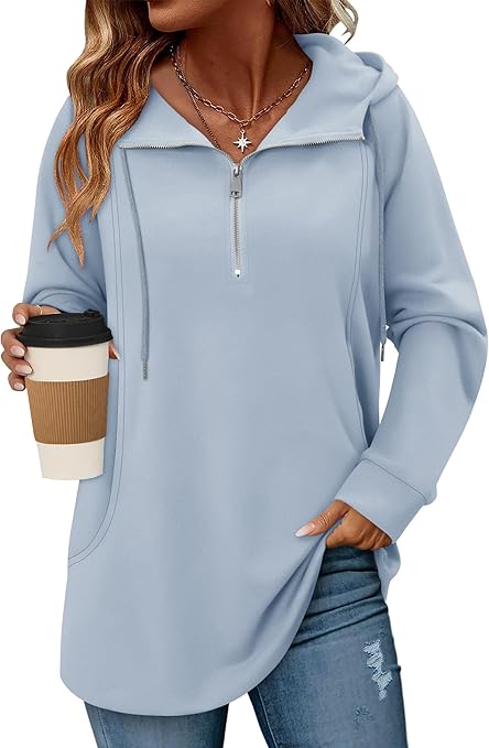 onlypuff Women Hoodie Pullover Trendy Quarter Zipper Lapel Sweatshirts Drawstring Cute Hooded Tunic Tops with Side Pockets