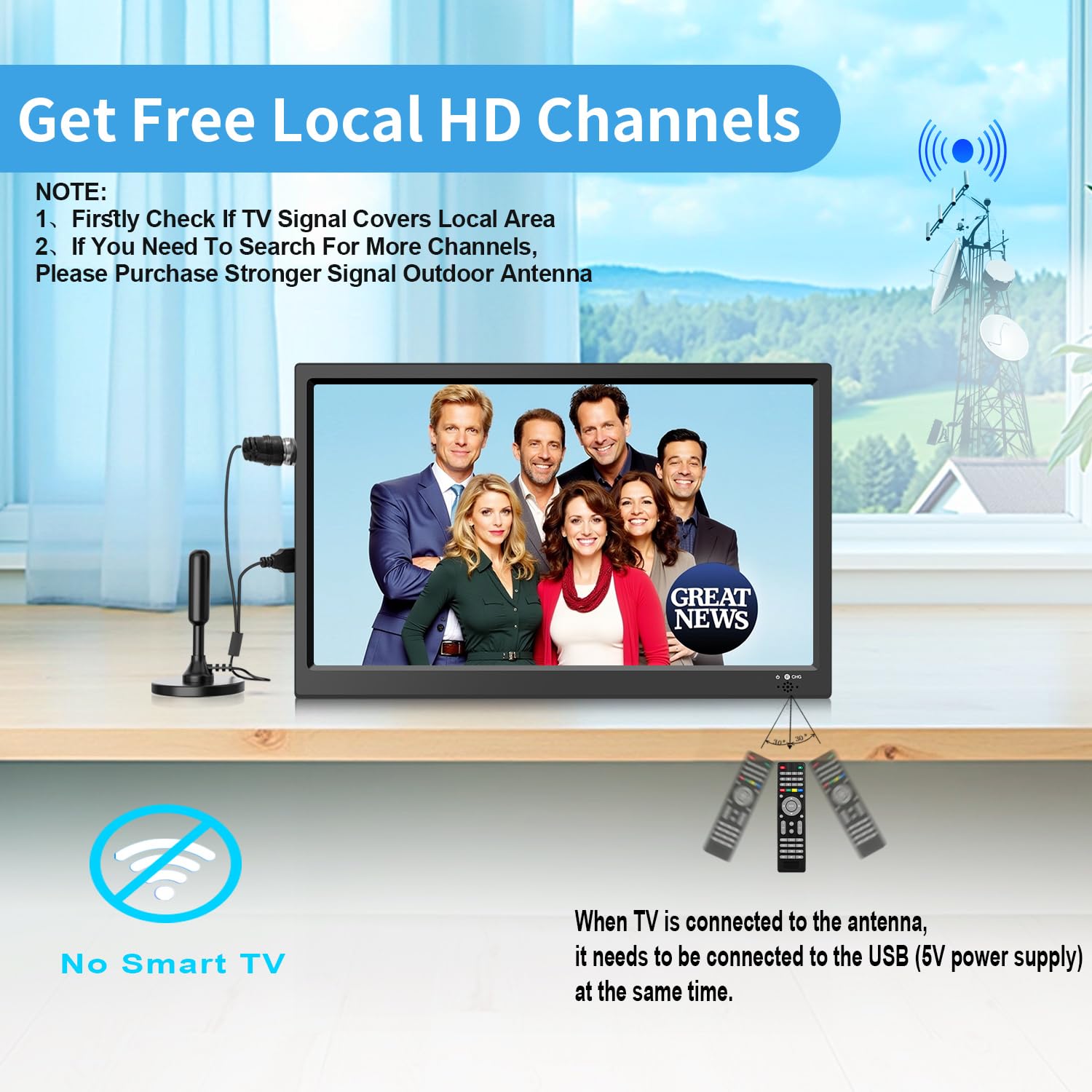 KCR TV Portable 15,6 Pouces, DVB-T2 Numérique, Compatibilité AC/DC 12V, Entrées HDMI/AV/USB, Télécommande