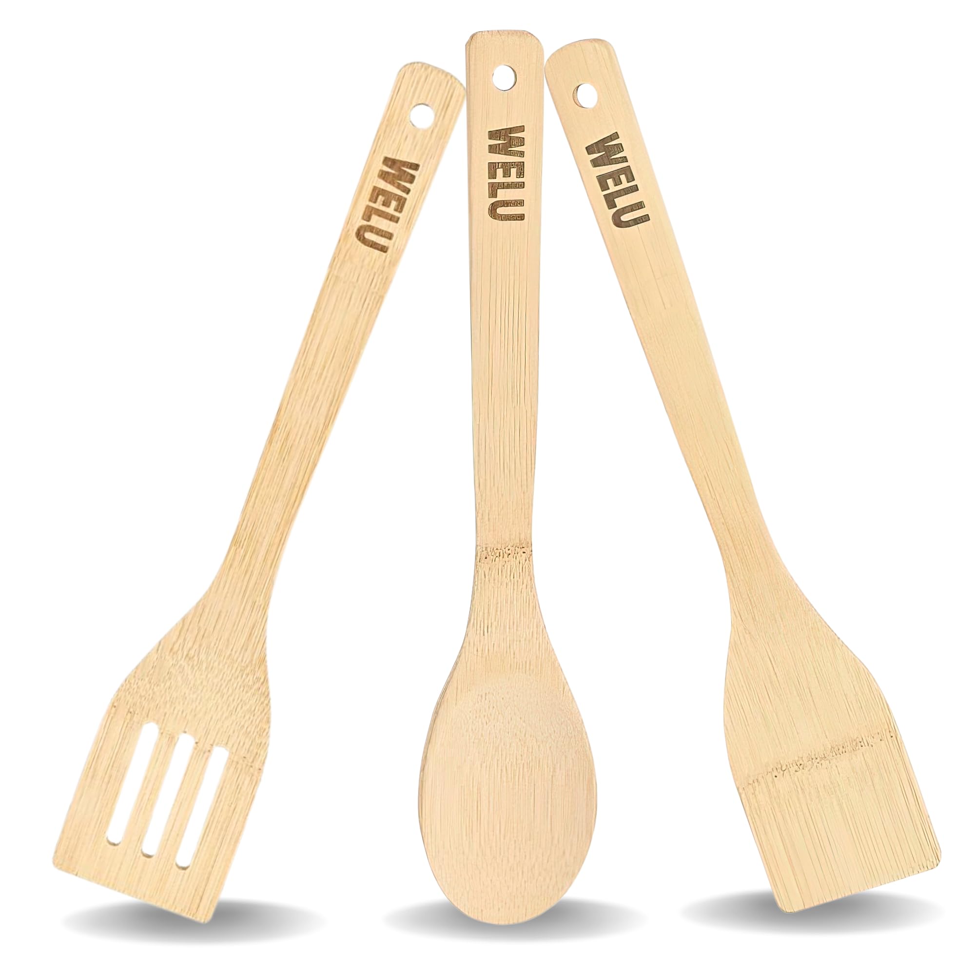 WELUWooden Spoon, Spatula, and Slotted Spatula For Cooking 3 Piece Organic Bamboo Kitchen Utensil Set With Holder Premium Quality Nonstick Pots & Pans for Everyday Use Gifts