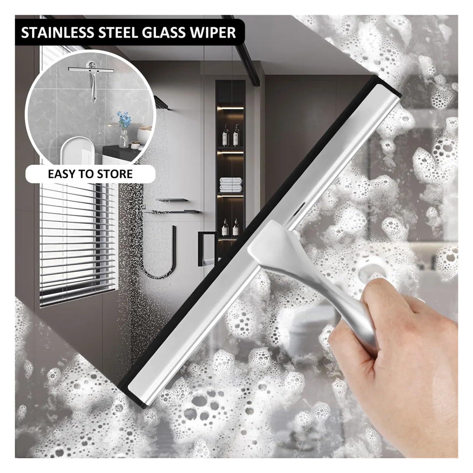 Limpiador de Ducha de Acero Inoxidable con Ventosa, Limpiador de vidrios for Ventanas, Herramienta de Limpieza Multiusos for baño, Cocina y Coche. para Ventana, Espejo