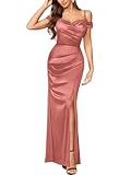 Women&apos;s Sexy Off Shoulder Satin High Split Ruched Style Evening Party Maxi Dress
