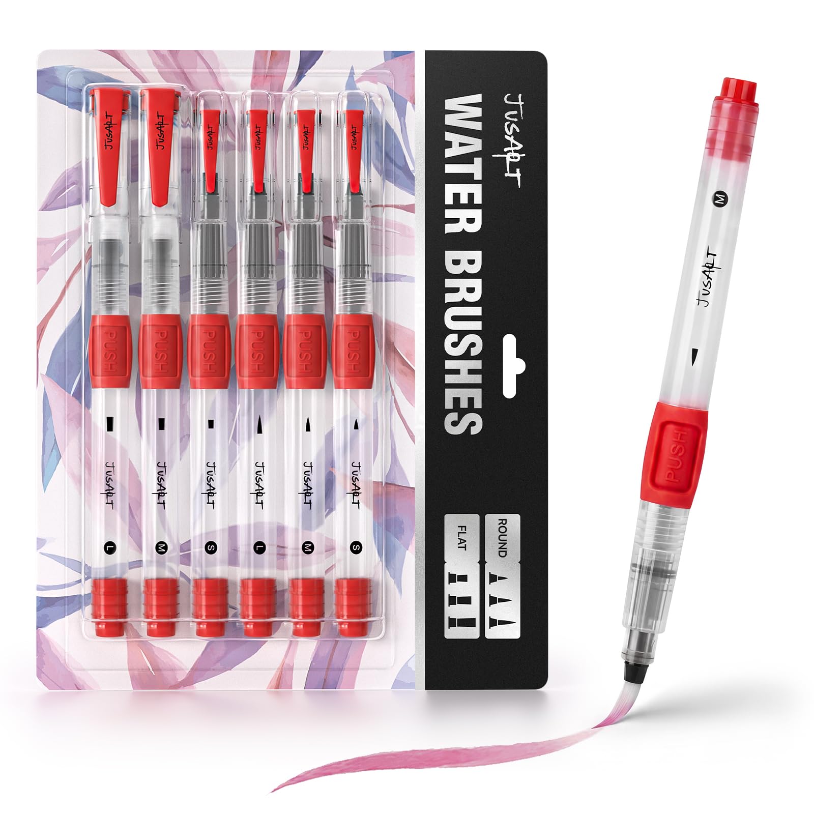 JusArt Water Brush Pens 6-Pack Leak-Proof Refillable Watercolor Pens for Acrylic and Gouache Painting - Includes Pointed & Flat Tip Styles - Portable Water Brushes for Artists, Beginners, Adults