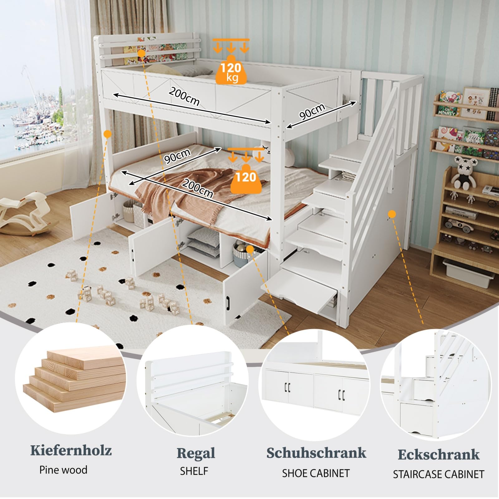 Sweiko Lit Superposé Enfant 90x200cm avec 4 Armoires, Escalier de Rangement