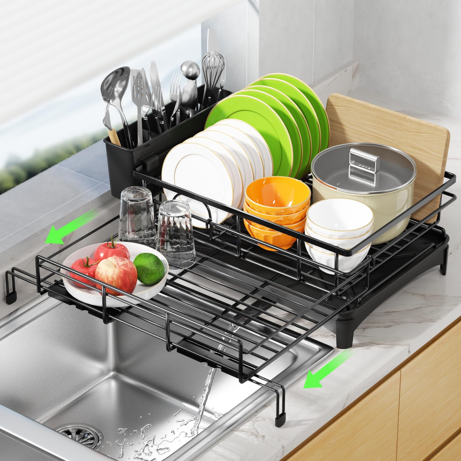 Erweiterbares Abtropfgestell für die Spüle (32 cm - 52,1 cm), rostfreies Metall-Abtropfgestell mit automatischer Abtropfschale und Utensilienhalter, große Kapazität, Spülbecken-Organizer für